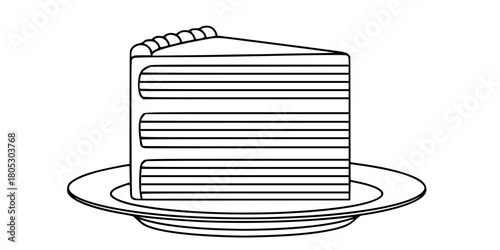 Slice of Layered Cake on Plate Simple Line Art Vector