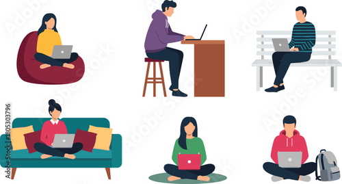 Fotografija Set of six young people sitting in different comfortable poses using laptops for work and study flat vector illustration