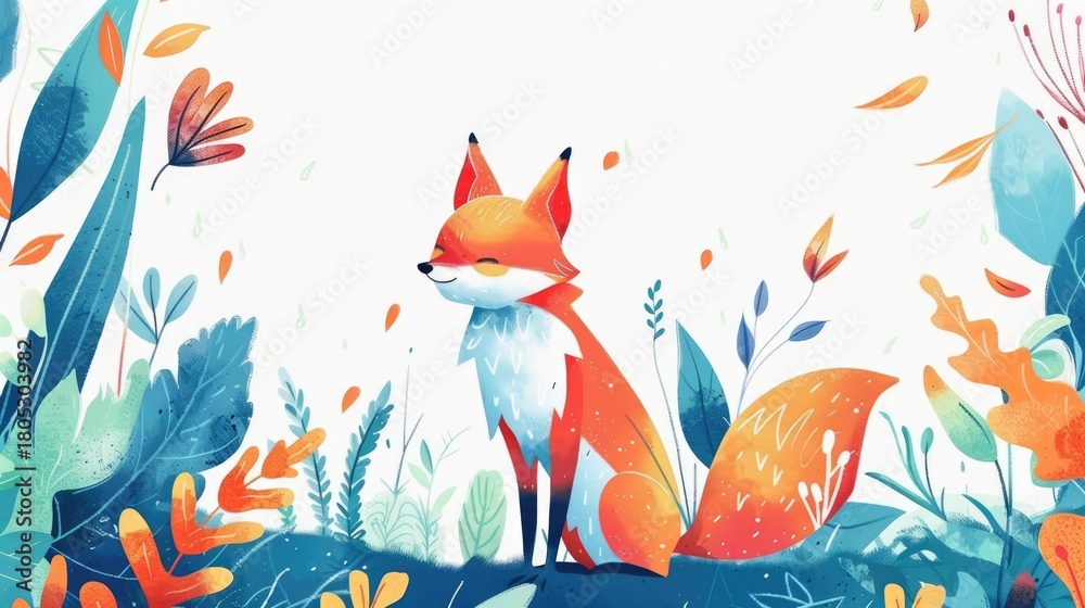 Obraz premium Watercolor fox with orange fur standing among colorful leaves and plants illustration