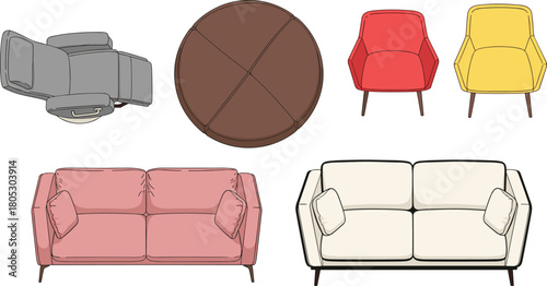 Fotografija Top view collection of colorful sofas armchairs and ottoman for interior design plan flat vector illustration isolated