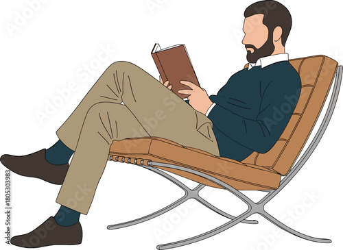 Fototapeta Young bearded man sitting in comfortable modern leather armchair reading a book flat vector illustration isolated on white background