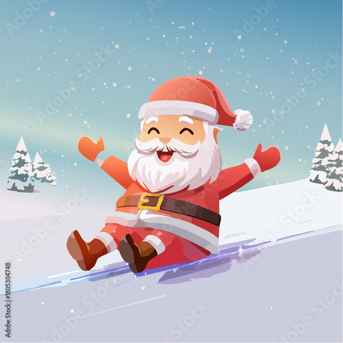 Jolly Santa Claus gleefully sliding down a snow-covered hill amidst a serene winter landscape, radiating pure holiday cheer and festive fun in the snowy season