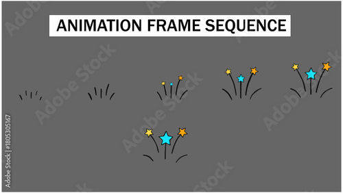 Animated Star Burst Frame Sequence, Motion Graphic Exploding Sparkle Effect, Vector Celebration Achievement Element, Whimsical Yellow and Blue Particle VFX.