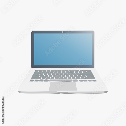A modern silver laptop computer with a blank blue screen, isolated on a white background. Vector illustration of a portable electronic device for work or study
