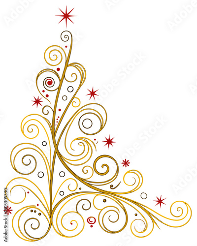 Ornate golden Christmas tree corner design made of elaborate swirls, red stars, and glittering dots.