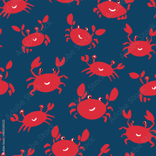 Vector repeating pattern with happy red crabs on dark navy blue background. Surface pattern for coastal, swim, poolside, crab seafood restaurant backdrop