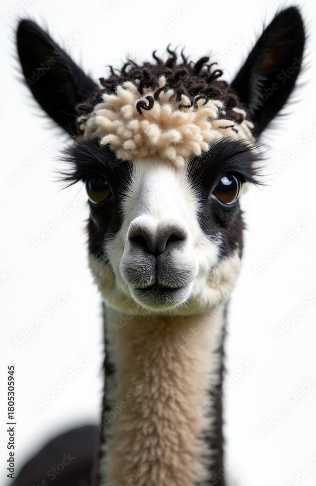 Obraz premium Close up portrait of llama against white backdrop. Cute alpaca face has white fur. Animal looks at camera in studio. Fluffy wool coat is seen. Farm animal isolated. Mammal in zoo.
