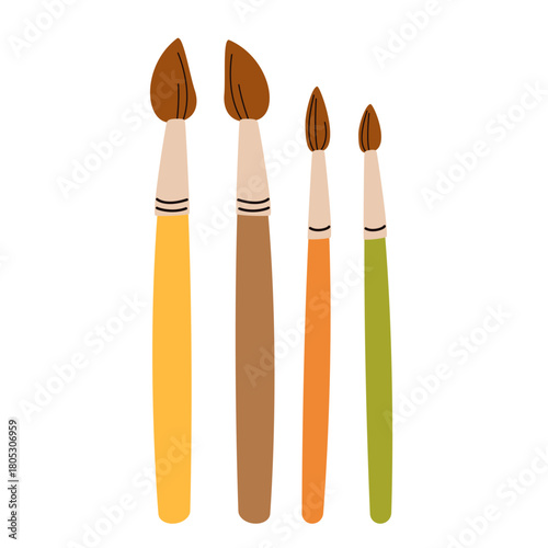 Set of four wooden paint brushes. Vector design for creative studio, art courses, craft tutorials, educational materials, DIY, painting blogs, digital scrapbooking. Isolated on white background.