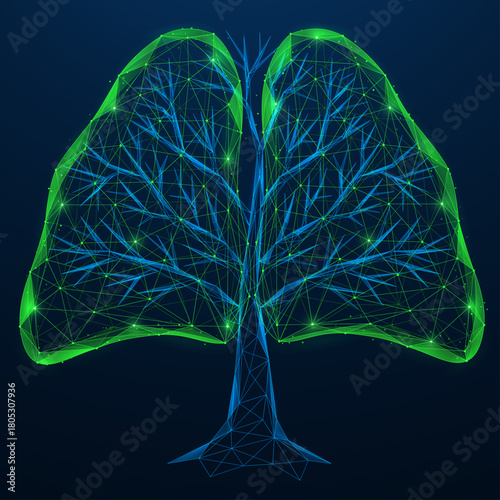Easy lives. A tree with a crown in the form of human lungs. The concept of breathing fresh, clean and fresh air. Low-poly design of lines and dots, blue background.