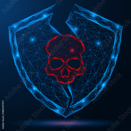 A crack in the defenses. A skull on the background of a cracked security shield. The concept of critical vulnerability, virus attack and destruction of defense systems.