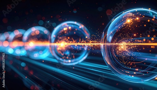 Futuristic energy line passing through glowing spheres visualizing innovation quantum technology speed and digital transformation in modern science concept