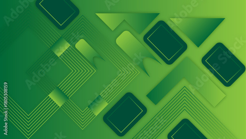 Layered green geometric arrows and diamonds with gradient lines — vector abstract background