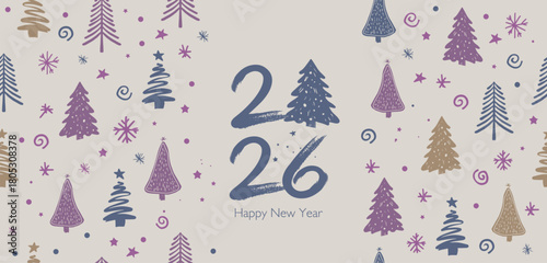 New Year 2026 card, postcard, hand drawn illustration.	
