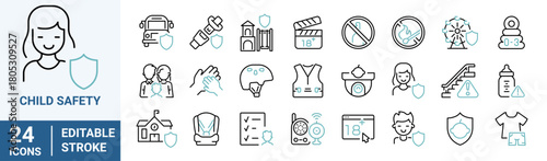 Child Safety line web icon set with protection, guarding, violence, abuse, neglect, quality education.