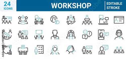 Workshop web icons in line style. Business. Containing team building, teamwork, coaching, meeting, managing, coaching.