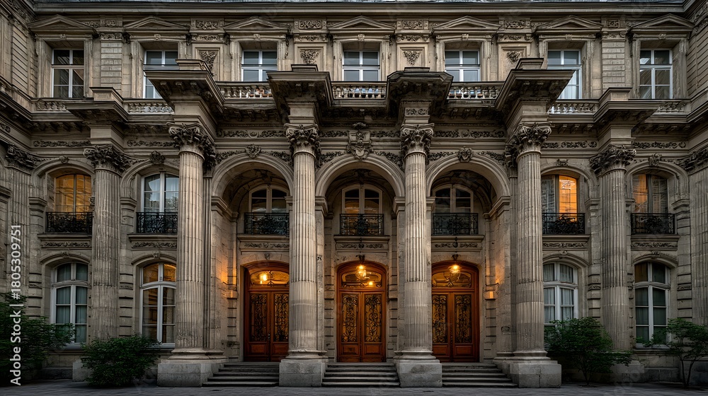Obraz premium Ornate Classical Building Facade with Arched Entrances Photo