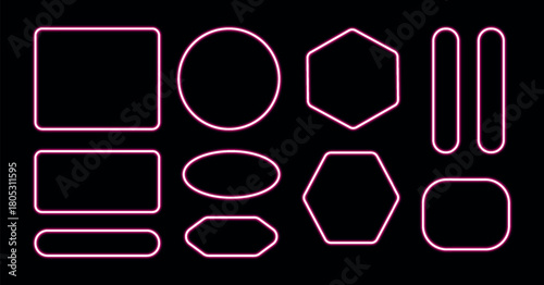 neon frames set. Glowing borders isolated on a dark background. Colorful night banner, vector light effect. Bright illuminated shape.
