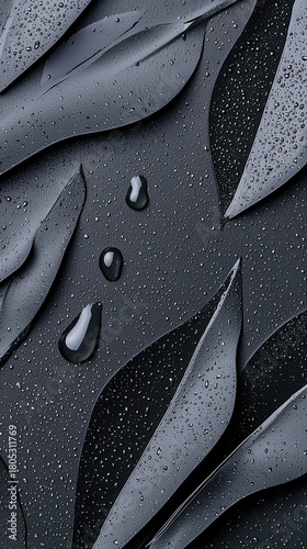A dark, abstract composition of overlapping gray leaves covered in numerous small water droplets and a few larger, distinct drops.