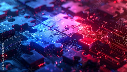 Abstract image of puzzle pieces integrated into a digital circuit board design