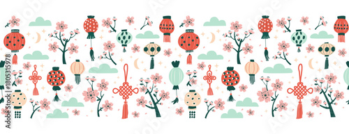 Fotografija Spring Blossom Festival seamless pattern, Lanterns and Sakura seamless pattern b