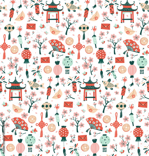 Fototapeta Spring Blossom Festival seamless pattern, Lanterns, Sakura, and Fireworks Illust
