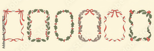 Set of decorative Christmas frames vintage style borders with holly and ribbons vector design elements for holiday cards and invitations