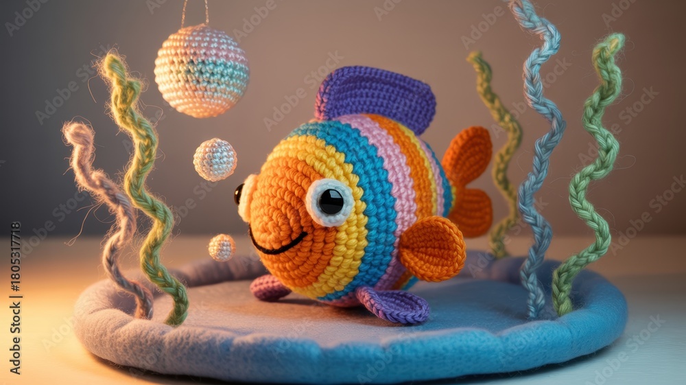 Naklejka premium A knitted underwater world made of multicolored yarn. A small fish made of colorful fur with big eyes and a friendly smile. The fish is surrounded by knitted bubbles and seaweed.