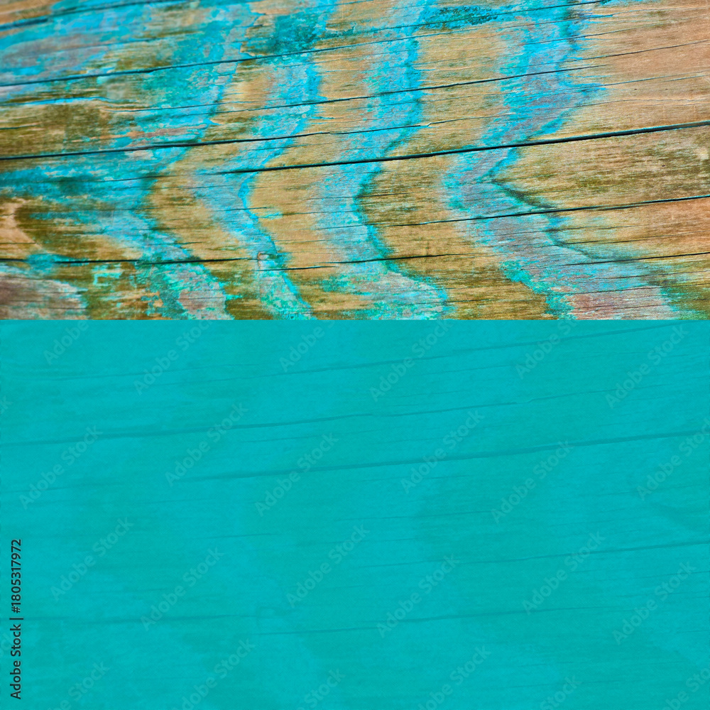 Obraz premium Beachy, Distressed, Weathered, grungy, Old Textured Wooden Background in Turquoise, Teal or Sea Green-Backdrop, Border, Frame, Wallpaper, Background