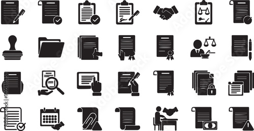 Legal and document icons with signatures and seals 