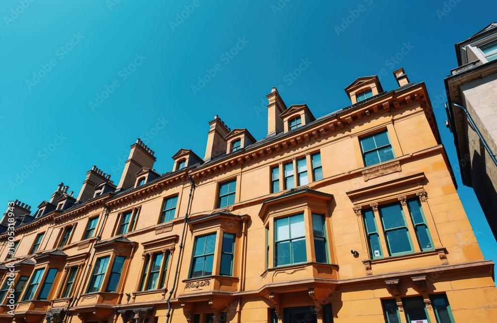 Obraz premium Classical Victorian building with windows and chimneys. Architectural facade in an urban setting. Historic style home exterior against blue sky. Residential apartment in a town.
