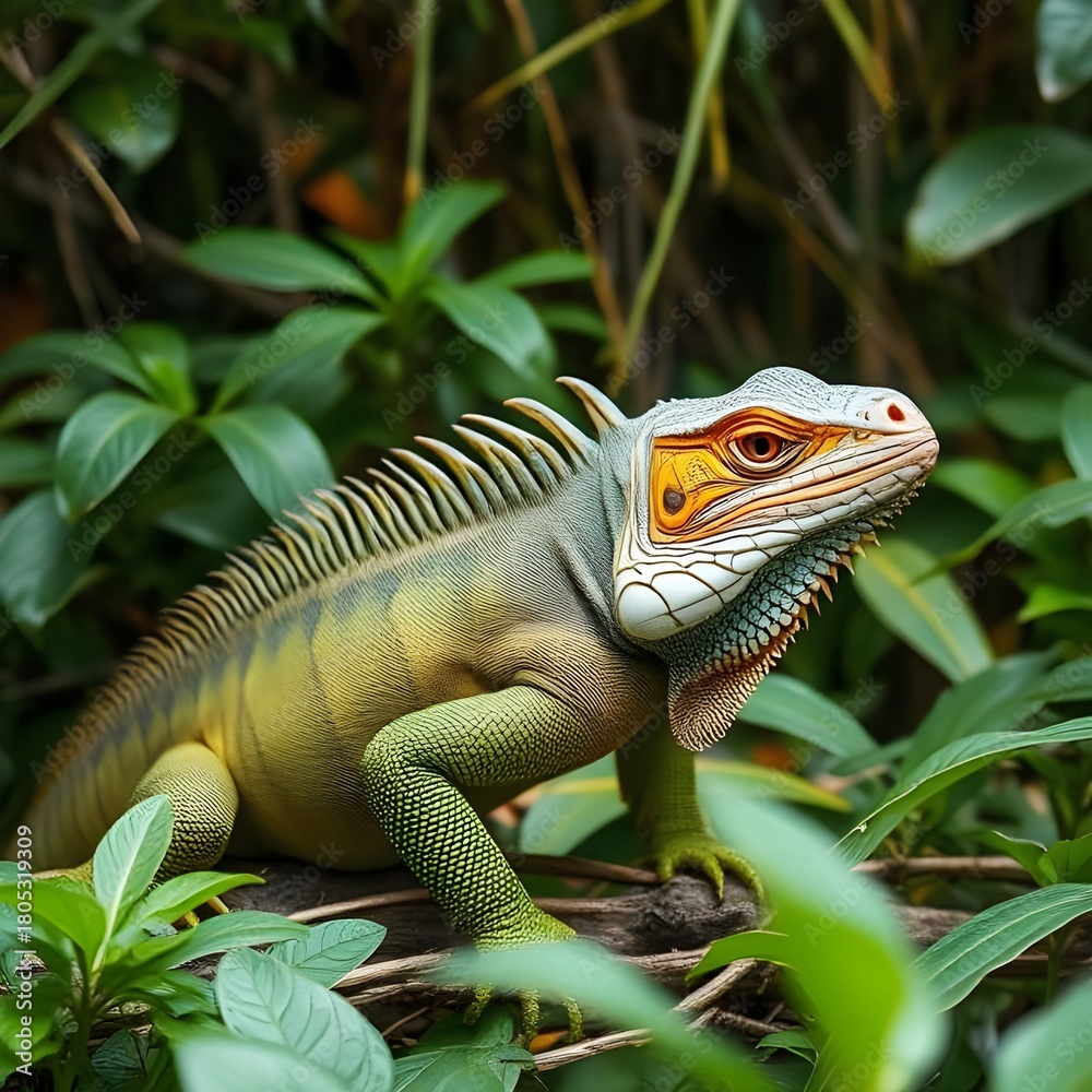 Fototapeta premium Close up view of a green iguana, in the forest.