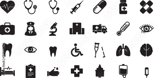 Medical and Healthcare Icons Set heartbeat stethoscope