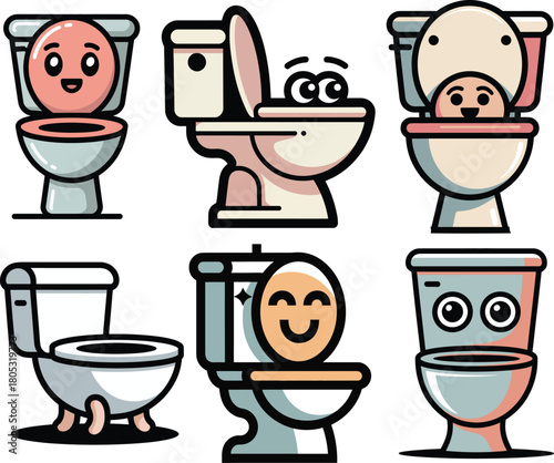 Funny toilet clipart set with smiling faces open lids and happy eyes