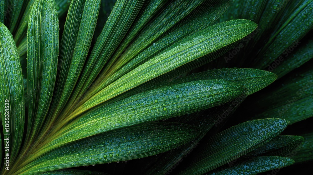 Fototapeta premium Close up of vibrant green palm leaf showing natural textures and water droplets after a rain in a tropical location