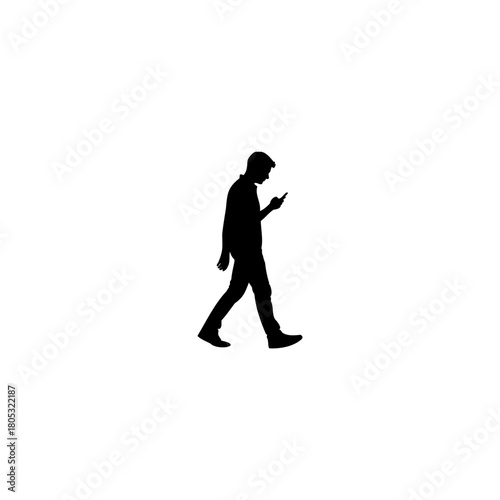 Modern man silhouette walking while using smartphone app for navigation or social media updates