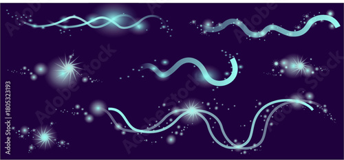 Blue ribbon set for design, wavy ribbons, ribbons with stars, effects set, blue constellations, stars, lens flare, light effect, horizontal blue light, illuminated beam, sparkling stars, twinkle, EPS