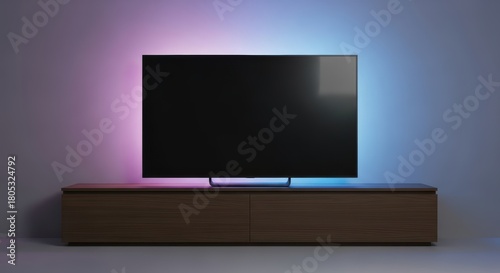 Modern smart tv with colorful ambient lighting on wooden stand in minimalist living room