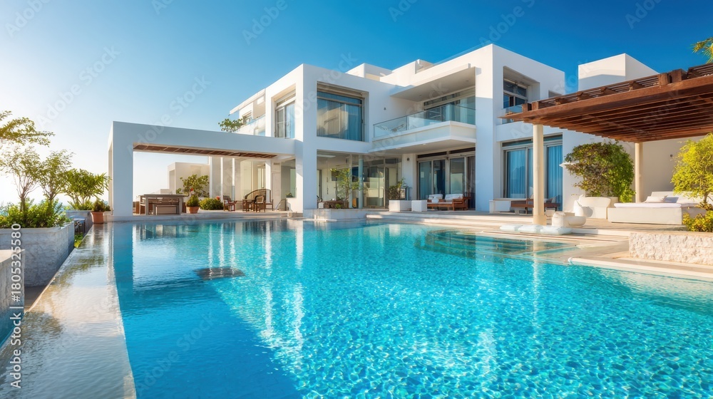 Fototapeta premium A stunning villa showcases sleek architecture surrounded by lush greenery. The pristine swimming pool reflects the bright sky creating a serene and inviting atmosphere for relaxation.