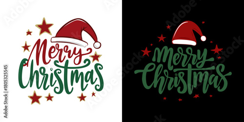 Festive Merry Christmas Design with Santa Hat and Stars.