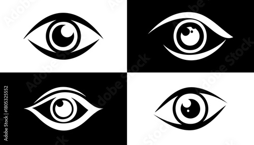 Four stylized eye icons in contrasting black and white squares.