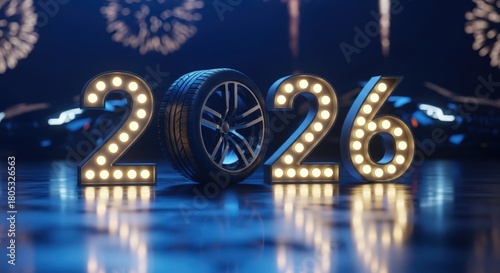 Car tire between illuminated numbers 2026 with Christmas lights and decorations on reflective floor, representing car service and New Year celebration.
