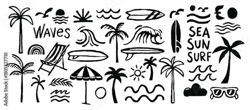 Summer beach vacation doodle elements set for tropical designs