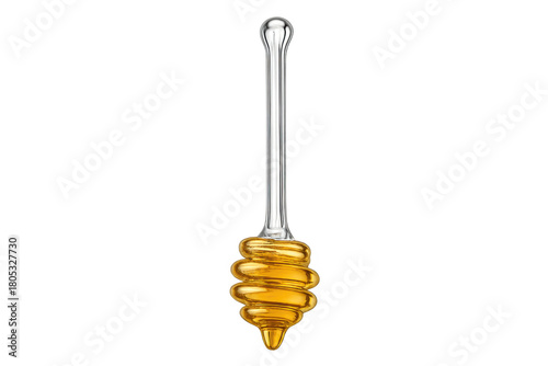 Glass honey dipper with golden sticky syrup on transparent background