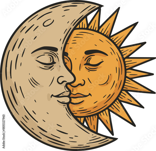 Moon and sun celestial illustration with human faces embracing in vintage style artwork vector design 