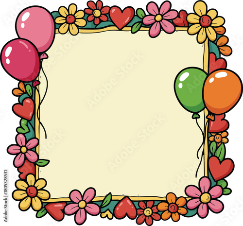 Floral and Heart Balloon Frame Border with Pink Orange and Green Balloons for Celebration and Greeting Card Design 