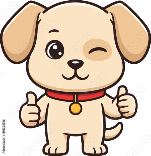 Cute winking puppy dog giving thumbs up with red collar vector illustration cartoon animal character design 