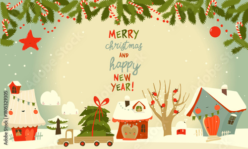 Cartoon Illustration with Cute Christmas Houses