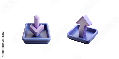 Download & upload icons. Purple 3D download and upload icons with arrows on glossy square bases in soft gradient UI style.