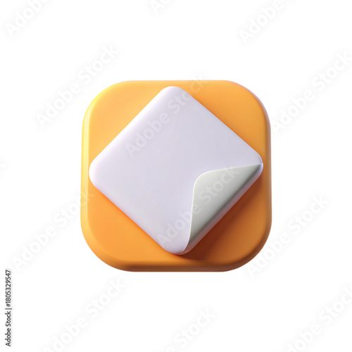 Isolated glossy square sticker icon with white surface, soft shadow, rounded edges and folded corner, framed in gradient orange background, clean minimal style on white background.
