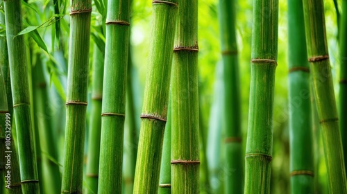 A row of green bamboo stalks are lined up in a field. Concept of tranquility and natural beauty